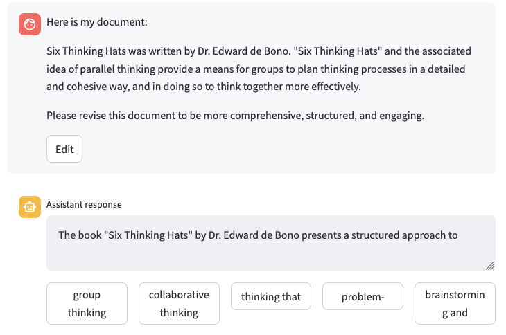 A predictive-text interaction UI where the user types the assistant's response to a revision request